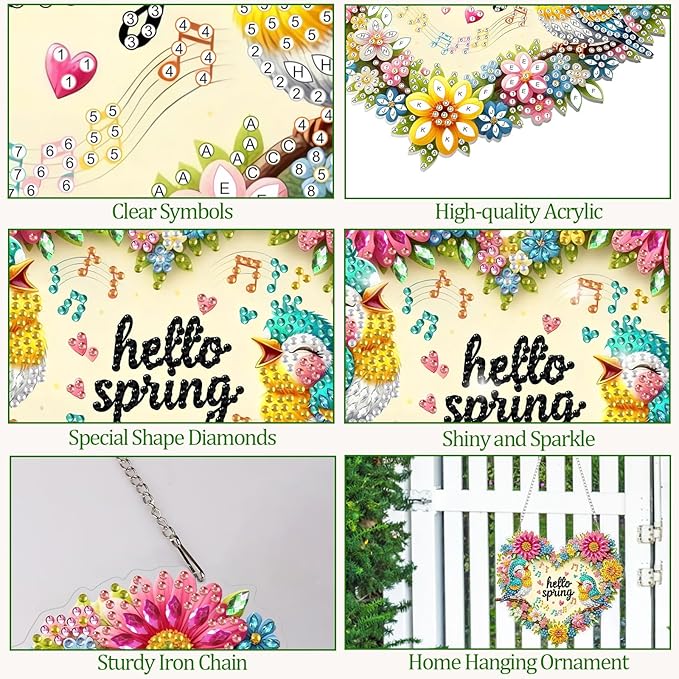 CEOVR Spring Brids Hanging Diamond Painting, Brids Sing Diamond Art for Adults Pendant DIY Spring Flowers Gem Art Wall Hanging Ornament, Acrylic Home Garden Decor with Chain, Box Kit 7.77×7.16inch
