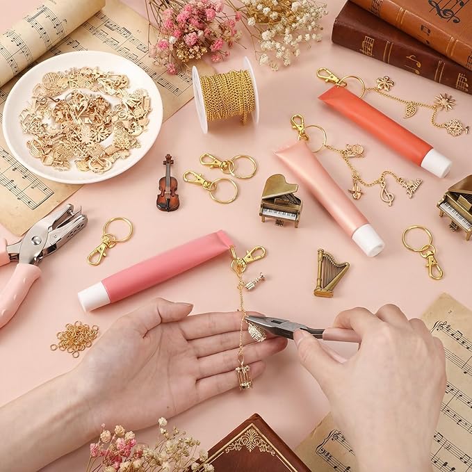 VioraWhite 213 Pcs Lip Gloss Keychain Making Kit 100 Pink Enamel Charms 32.81 ft Gold Chains for DIY Crafts Women(Gold)