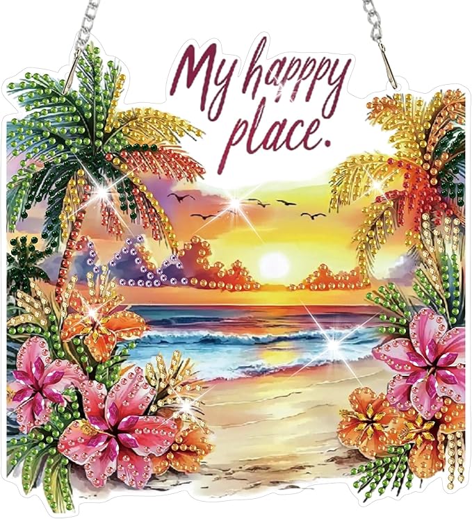 HEIBAGO Diamond Art Hanging Kits for Adults Kids, Hanging Diamond Art Beach Kits, 5D Special Shaped Crystal Diamond Painting Kit, DIY Pattern Window Pendant for Home Wall Decor 8.3x8.3Inch