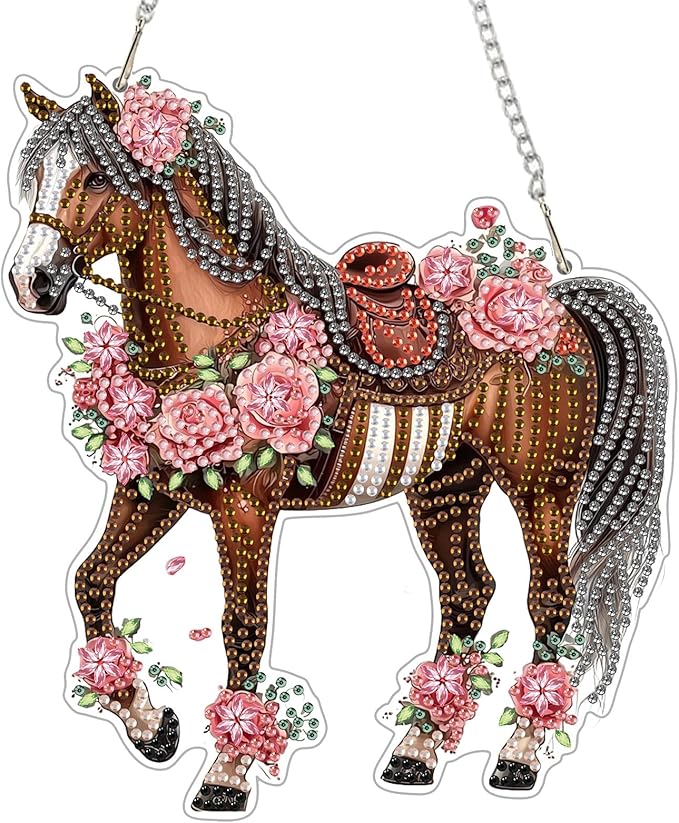Horse Diamond Art Hanging Kits for Adults, Animal Diamond Painting Pendant Kits, DIY Acrylic 5D Special Shaped Crystal Diamonds Gem Art Painting Ornament for Home Wall Decor Gift 8x8 Inch