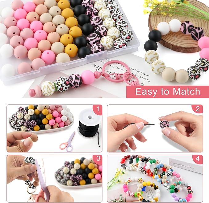 70Pcs Print Silicone Beads for Keychain Making,Round 15mm Silicone Beads for Pens, Necklace and Bracelets Making（Vibrant Leopard）