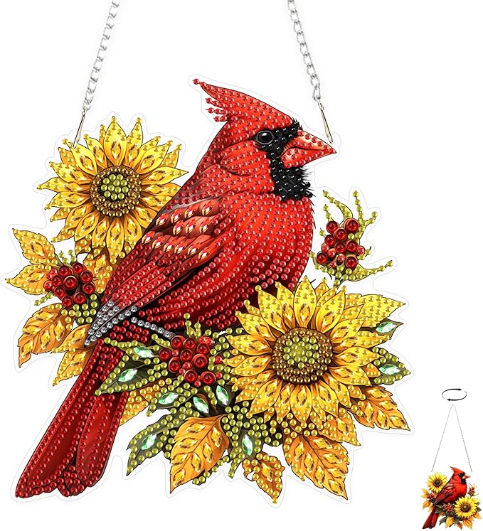 TOSTOG Cardinal Diamond Art Hanging Kits for Adults, Bird Sunflower Diamond Painting for Adults Window Pendant,Special Shape Diamonds Diamond Painting Hanging Pendant Kit for Wall Home Decor Gift
