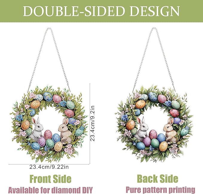 Eiflow DIY Hanging Diamond Art Kit Easter Wreath, Acrylic Diamonds Painting Pendant Board Kit Wreath, 5D Gem Art Ornament Kit for Adults, Egg and Rabbit