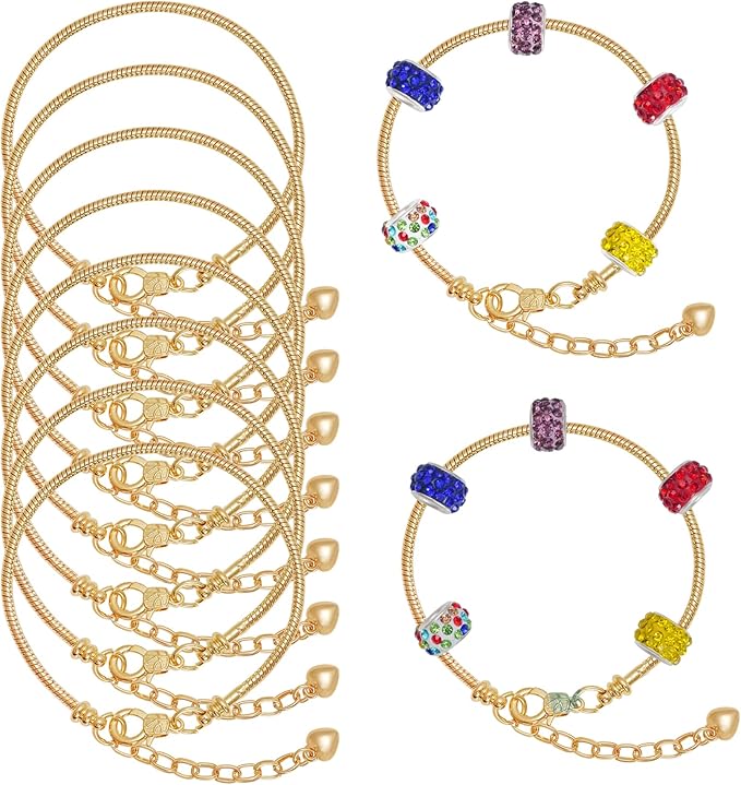10pcs Chain Bracelets Kit Gold Plated Snake Chain with Heart Lobster European Charm Bracelet for Christmas DIY Women Jewelry Findings Bracelet Making (Gold)