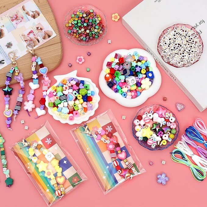 ASTNIC 618 Pcs Keyring Making Kit with Keychain, Letter Beads & Pony Beads for Phone Charm, DIY Beaded Keychain Making Kits for Bag Charm, Personalised Gifts for Women, Jewelry Making Kit