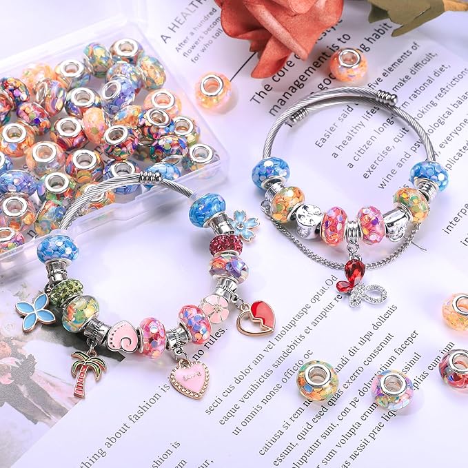 AIPRIDY Girls' Lucky Lover Amber Beads, Big Hole Spacer European Craft Beads for DIY Charms Bracelet Jewelry Making (Fishscale Silver Core)