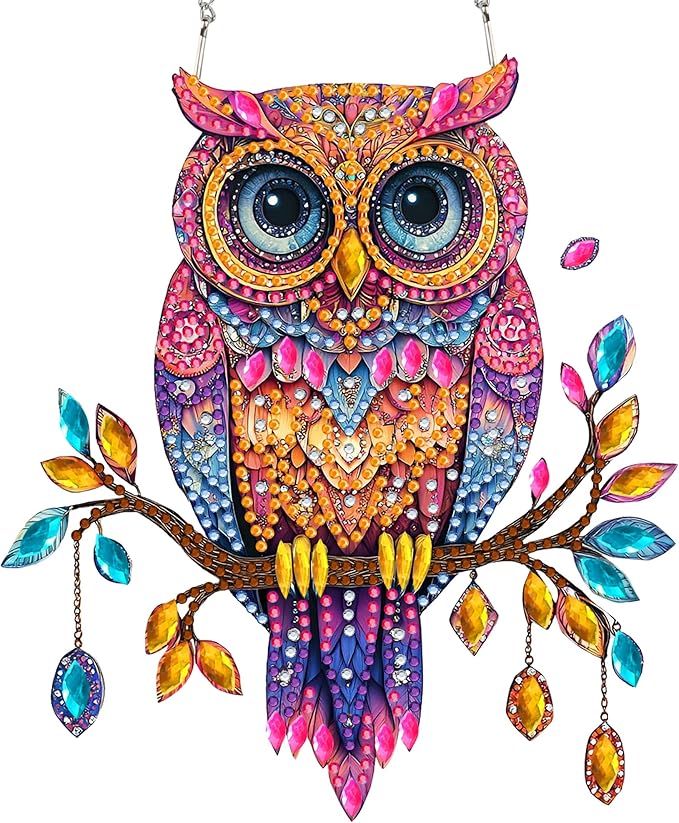 SKRYUIE Owl Hanging Diamond Art Kits for Adults Pendant Suncatcher, Special Shaped Crystal DIY Pearl Diamond Painting Kit, Gift for Mother Spring Summer Window Wreath Decor 7.49 x 6.7 Inch A30