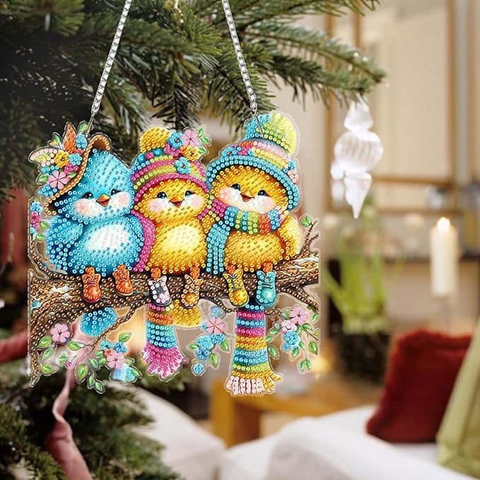 Auremi Birds Diamond Art Painting Pendant Kits with Chain,5D Animals Diamond Art Hanging Kit DIY Diamond Crystal Window Door Hanging Pendant Kit for Adults Gift Wall Decor