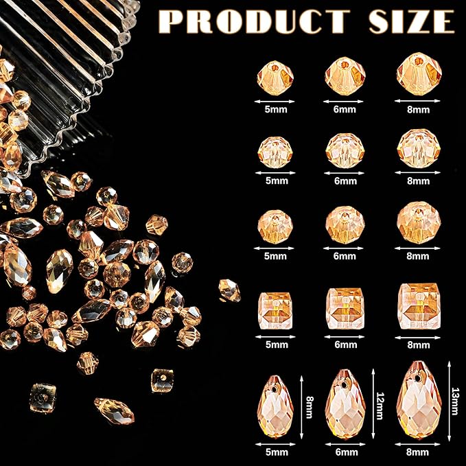 Kigeli 1280 Pcs Glass Beads Bulk Assorted Crystal Beads for Jewelry Making Faceted Teardrop Rondelle Briolette for DIY Crafts Necklace Wristband Earring Kit(Classic,Champagne Gold)