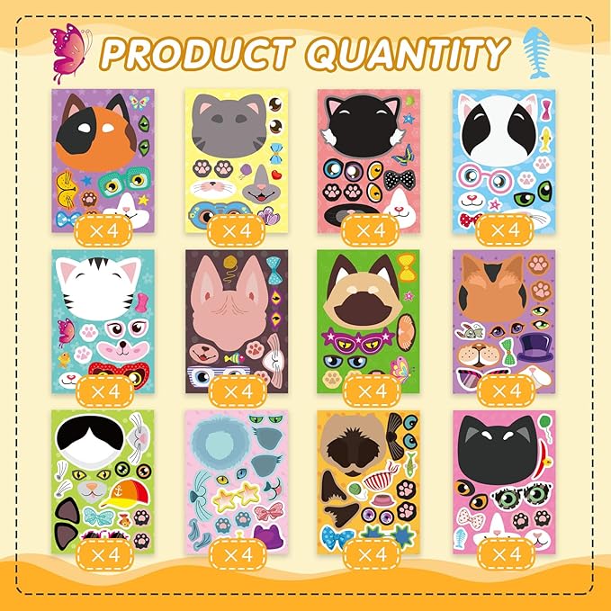 48 sheets cat stickers,make a face stickers for kids, make your own cat sticker, animal sticker for kids 3-5, brithday gift party favors, teacher reward classroom games craft