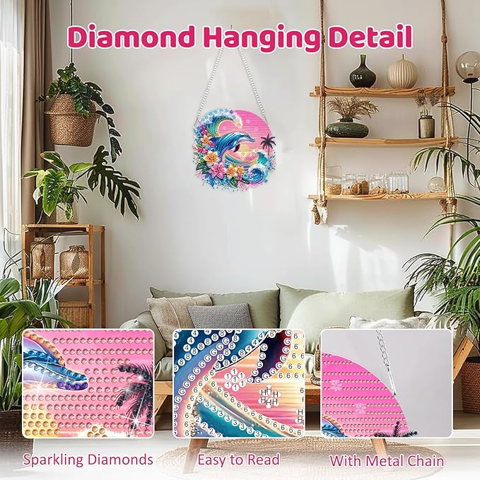 MEIYUDA Dolphins Diamond Art Hanging Kits for Adult, Ocean Dolphins Diamond Painting Hanging Kits Ornaments, DIY Special Shaped Rhinestone Window Pendants Kit for Home Garden Wall Decor Gift