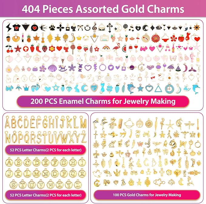 Flasoo 404Pcs Gold Charms for Jewelry Making, Assorted Bracelet Charm Letter Charms for DIY Jewelry Making Necklace Bracelet, Keychains and Crafts