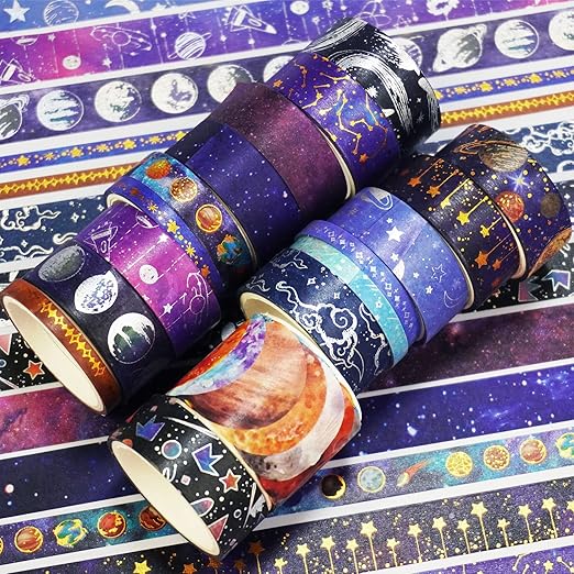YUBBAEX Galaxy Washi Tape Set Starry Gold Silver Foil Decorative Tapes for Arts, DIY Crafts, Journals, Planners, Scrapbook, Wrapping (Universe 19 Rolls)