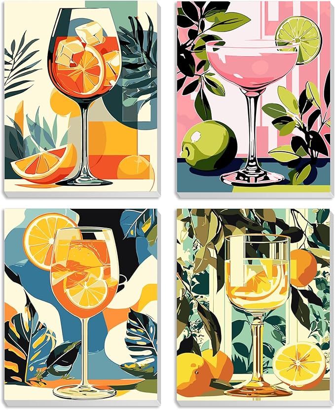 MXJSUA 4 Pack Lemon Cocktail Framed Paint by Numbers Kit with Canvas for Adults Beginner, DIY Acrylic Oil Painting Kits with Brushes for Home Wall Decor Gift (8x10 inch)