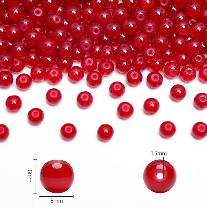 200PCs 8mm Red Jade Glass Beads Bulk, Round Smooth Hole Glass Crystal Beads for Jewelry Making, DIY Bracelets, Necklaces, Bag Charms, Keychains and Craft Projects