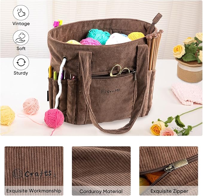 Corduroy Crochet Bag 11.5" Large Yarn Storage Tote with Grommets, Needle Holders – Knitting Bag Organizer for Crochet Hooks, Accessories, Tools & Projects –Gift for Knitters & Crafters