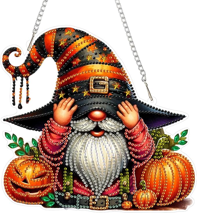 SENQAO Halloween Gnome Pumpkin Diamond Art Hanging Kits for Adults Beginners, DIY Acrylic 5D Special Shaped Crystal Diamond Gem Art Painting Hanging Ornament for Home Wall Decor and Gift