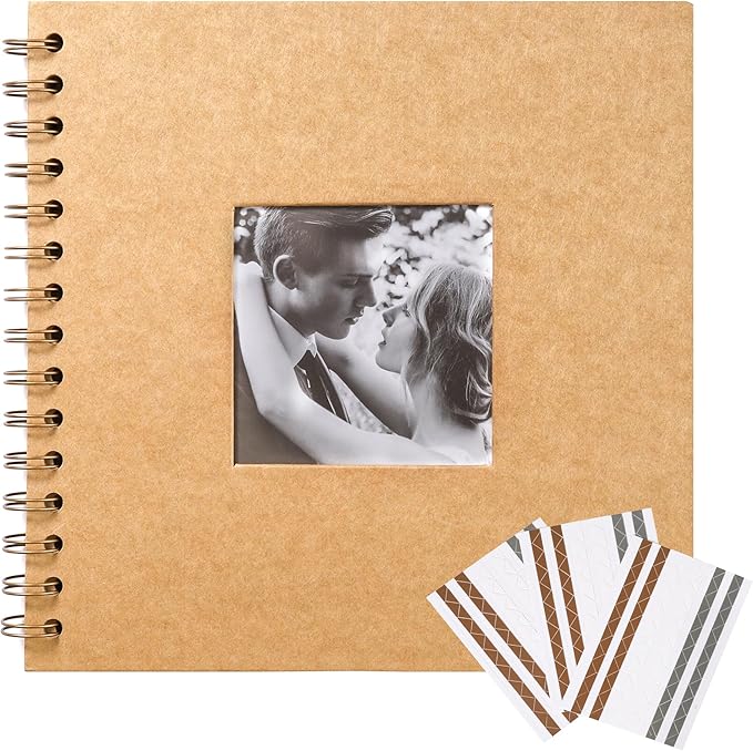 Scrapbook 8 x 8 Inch DIY Square Photo Window + 3 Corner Stickers, Photo Album Hardcover Kraft Paper Brown 20 Sheets/ 40 Pages