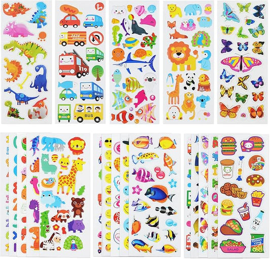 24 sheets(500+) 3d puffy stickers for toddlers kids, bulk preschool sticker sheets for reward, craft, scrapbooking including animal, fruits, dinosaurs, fish and more