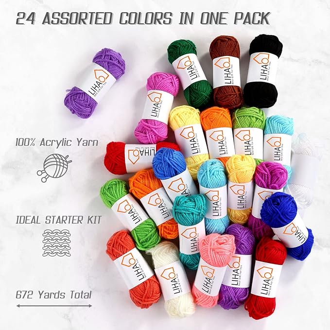 LIHAO 24 Acrylic Yarn Skeins for Knitting Mini Yarn Assorted Colors for Crochet Crafts DIY Gift — 100% Acrylic, 15g