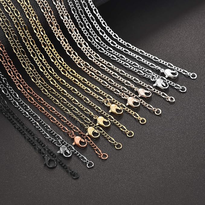 LANBEIDE 40 Packs 10 Colors Brass Necklace Chains - 21" Flat Oval Links Cable Chain, 3mm with Lobster Clasps for Jewelry Making