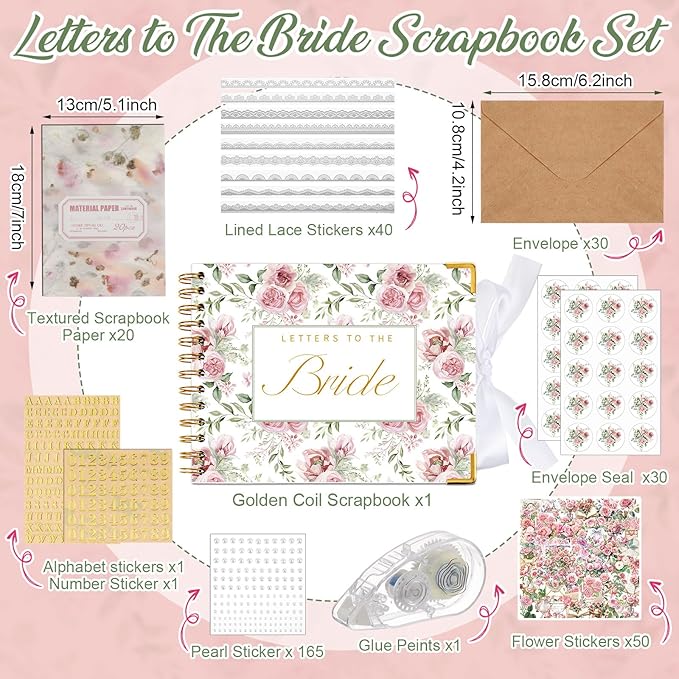 Wedding Guest Book Letters to The Bride Scrapbook Wedding Memory Book Bridal DIY Blank Paper Scrapbook Photo Album Guest Sign with Pearl Stickers(8.5 x 7 Inch,Rose Style,Pink)
