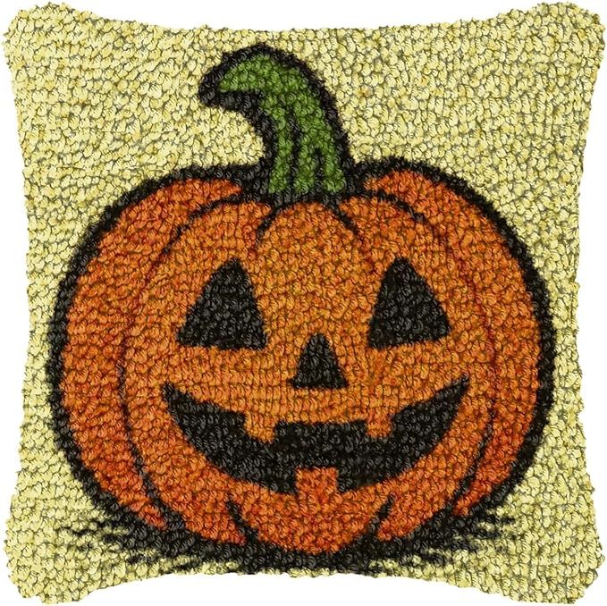 LAPATAIN Latch Hook Kits for Adults,Halloween Pumpkin Pattern Color Printed Canvas DIY Throw Pillow Cover,Beginners Handmade Needlework Crafts Home Decoration 17x17inch NP2