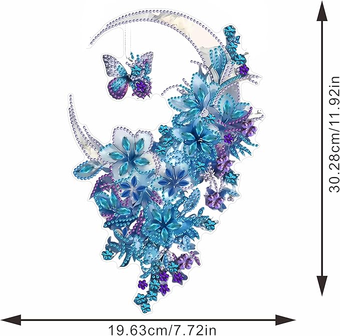 STGLCR Hanging Diamond Art Kits for Adults Pendant Moon, Special Shaped Crystal DIY Flower Diamond Painting Kit for Begginer, Acrylic Board Foral Moon Pendants for Home Decor 11.92 Inch Butterfly Blue