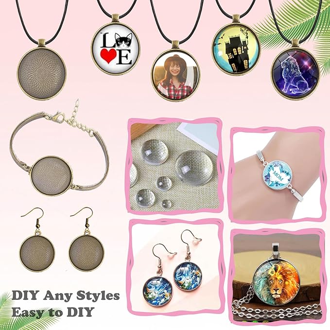 Pendant Trays Kit with Cabochon Glass, Round Pendant Bezel Blank Trays, Bracelet Bangles Earrings Hooks Blanks for DIY Photo Crafts Jewelry Making