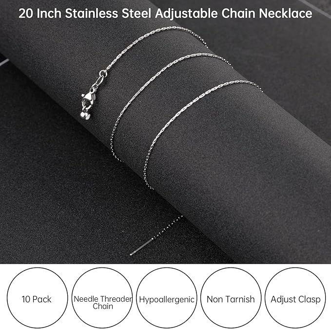 GTVOODX 10Pcs Adjustable Necklace Chains Silver Stainless Steel 0.75mm Rectangle Cable Chain Bulk with Lobster Clasps for DIY Jewelry Making