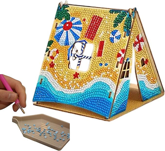 Party Ready 3D Diamond Painting Tent Craft Kit with LED Lights – Full Drill Crystal Mosaic Wood Puzzle, DIY Holiday Decorative Art for Home Display (Beach Tent)