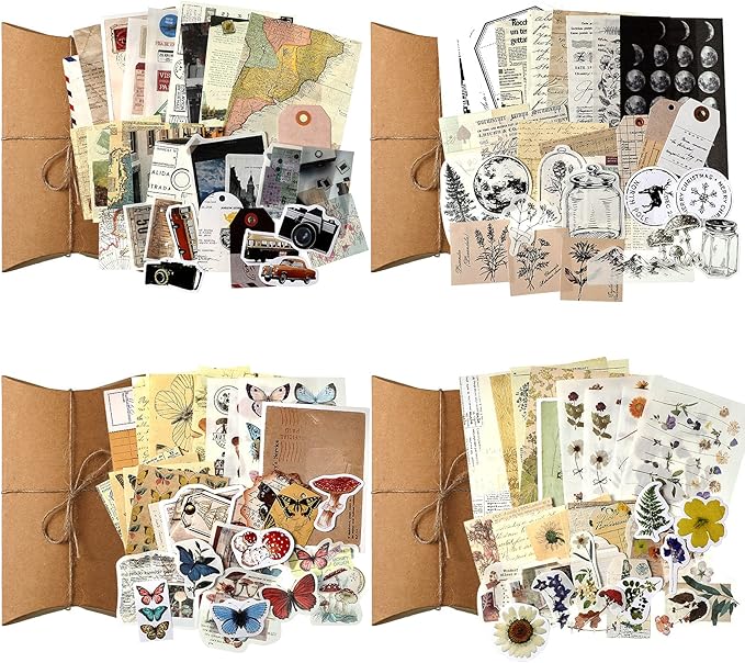 120 Pcs Vintage Aesthetic Scrapbook Kit Junk Journaling Supply with Retro Stamp Stickers,material Paper, Tag Card,hand Account Collage Card,pillow Box,twine Diary Supply Birthday Gift(Artsy Style)