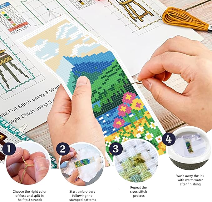 FREEBLOSS 6 Set Cross Stitch Bookmarks Kit Mountains&Rivers Stamped Cross Stitch Kit DIY Embroidery Bookmark Set with Instruction for Adults Beginners Gift for Reading Enthusiasts 8 * 2.4inch 11CT