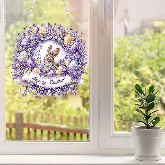 MAXBYE Easter Diamond Art Painting Kits Hanging Cute Bunny Pendant, DIY 5D Special Shaped Eggs Gem Art Craft Diamond Dots for Adults and Home Window Door Decor 8×12Inch