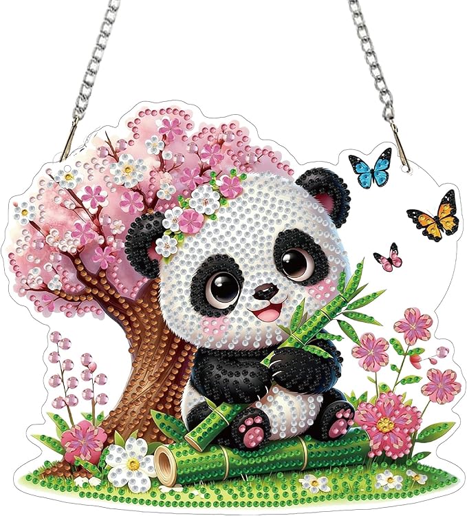 CEOVR Panda Diamond Painting Pendant, Animal Hanging Diamond Art for Adults, DIY Gem Art Wall Hanging Ornament, Acrylic Home Garden Decor with Chain, Box Kit 7.79×6.9inch