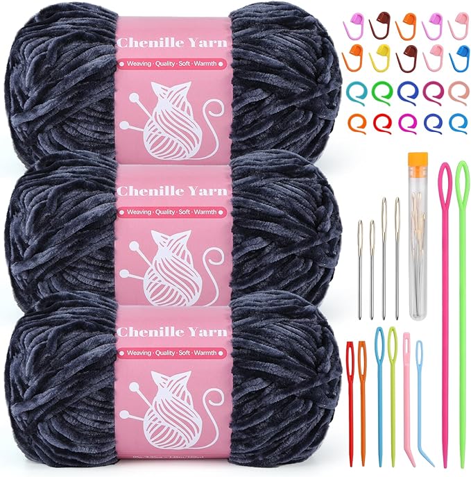 LUNARM Chenille Velvet Yarn for Crocheting Knitting, Soft Yarn for Making Blankets, Clothes, Pattern Knitting - 3*3.35oz,3*162yds (Blue Gray)