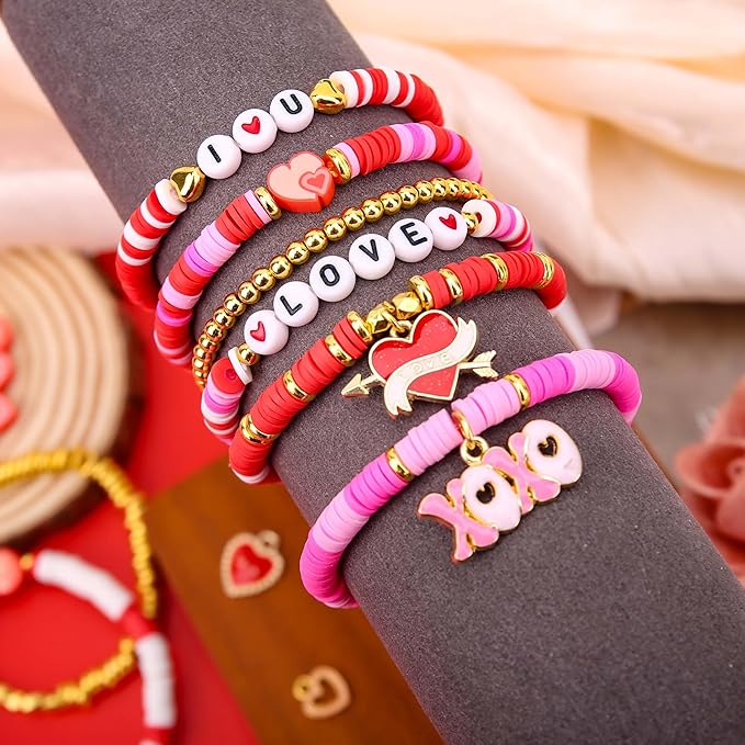 BONNY BOXX 3300PCs Valentine Day Clay Beads Set, Flat Round Disc Heishi Polymer Clay Beads with Letter Beads & Charms for Friendship Bracelet Making, Valentine Jewelry for DIY Crafts Birthday Gifts