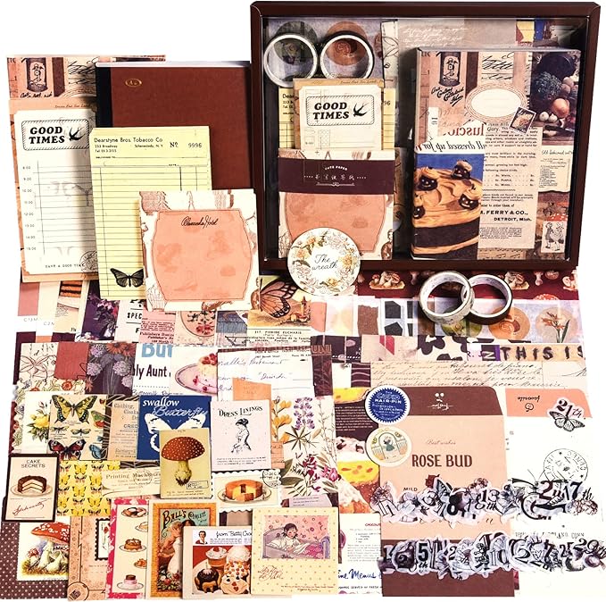 scrapbook supplies kit, vintage junk journaling supplies, scrapbooking kit with aesthetic ephemera stickers, stationary set, bullet journaling kit, collage craft supplies gift for adults women starter