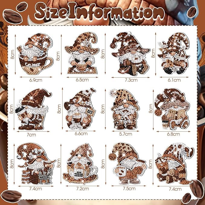 Frienda 12 Pcs Diamond Art Magnets Coffee Gnome Refrigerator Diamond Painting Magnets Easy Kits Interchangeable for Adults Beginners DIY Home Decors Gifts Craft