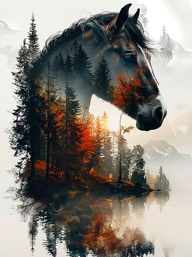 ijbnhd Horse Diamond Art Kits for Adults, 5D Horse Diamond Painting Kits for Adults Beginners, DIY Full Round Drill Forest Gem Arts Craft for Home Wall Decor 12 X 16Inch