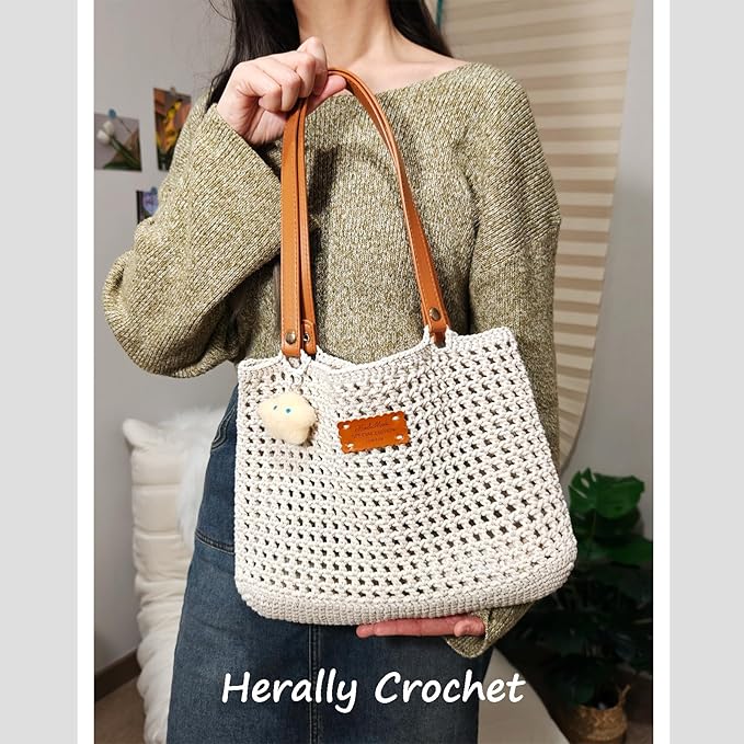 Herally Crochet Kit DIY Bag for Beginners - Include Yarn, Hook and Accessory - with Step by Step Video Tutorials - Crochet Tote Bag Beige