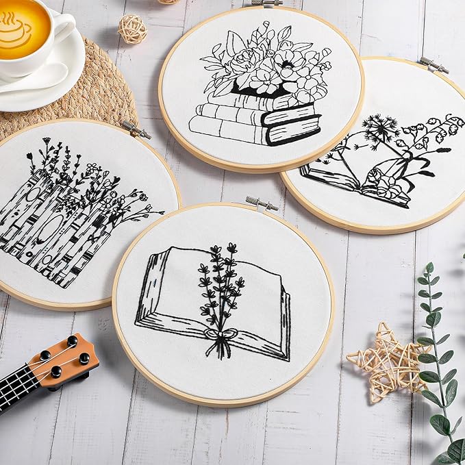 Unittype 4 Set Embroidery Kit for Beginners Adults Book Lovers Funny Cross Stitch Embroidery Kit with Bamboo Hoops Needles Threads Instructions Needle Threader(Stylish)