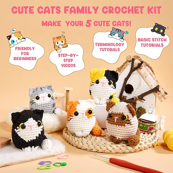 MAGIMUSE Crochet Kit for Beginners, Beginner Crochet Kit with Step-by-Step Video Tutorials, DIY Crochet Animal Kits Amigurumi Craft Knitting Supplies, 5 Pack Cats (40%+ Yarn)
