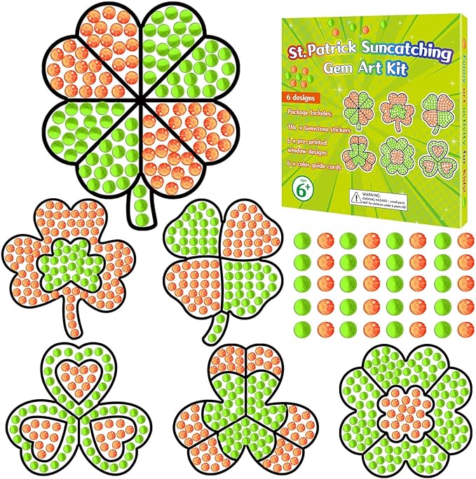 Qyeahkj 6 Pcs St Patrick's Day Arts Crafts DIY Shamrock Shape Gem Diamond Suncatcher Crafts for Kids Saint Patrick Diamond Painting Gifts Exchange for Kids Aged 4 6 8 10 12 for Home School Party Decor