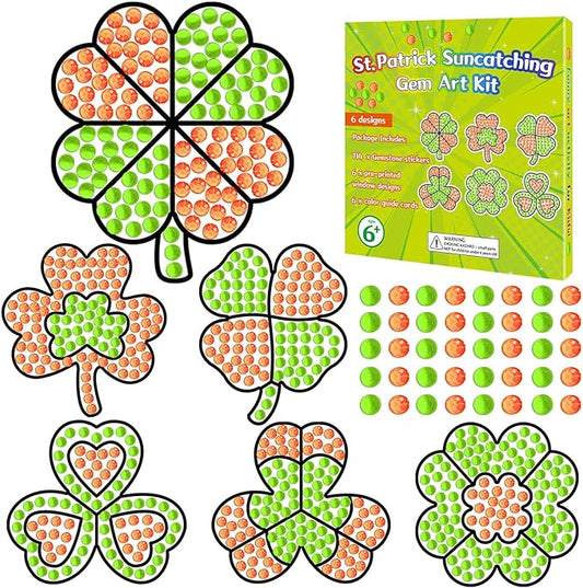 Qyeahkj 6 Pcs St Patrick's Day Arts Crafts DIY Shamrock Shape Gem Diamond Suncatcher Crafts for Kids Saint Patrick Diamond Painting Gifts Exchange for Kids Aged 4 6 8 10 12 for Home School Party Decor
