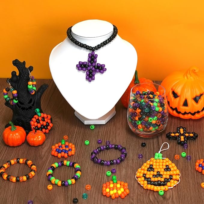 1000Pcs Halloween Pony Beads Bulk – 6x9mm Kandi Beads in Orange, Black, Purple, Green for Bracelets, Hair Braids, Jewelry Making, DIY Crafts, Party Supplies