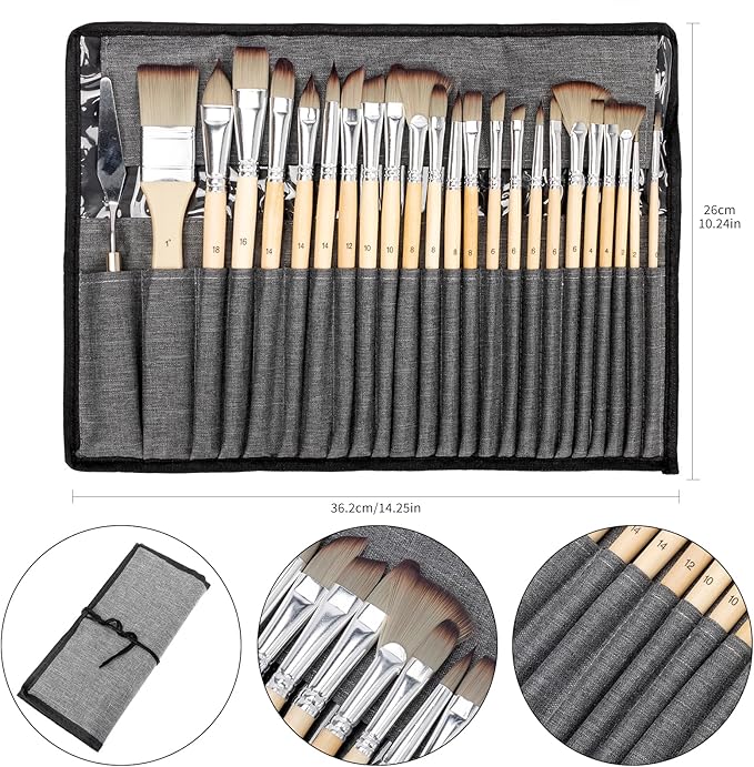 25PCS H&B Paint Brush Set, Travel Watercolor Acrylic Painting Brushes with Canvas Roll & Palette Knife, Professional Artist Brush Kit for Oil, Acrylic Canvas Paintings (Nature Wood)