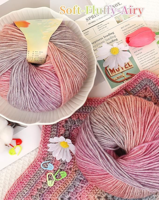 Coopay Yarn for Crocheting Knitting, Gradient Cake Yarns, 2 × 3.53oz - 240yds - 50% Cotton 50% Acrylic Ombre Yarns, Crochet Yarn for Blankets, Shawls, Scarves (107 Evening Sunset)