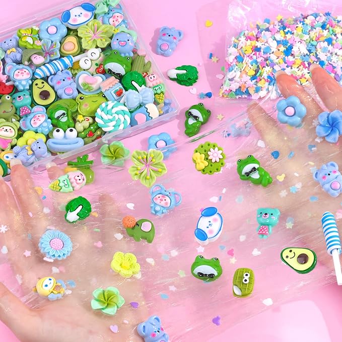 60PCS Green Slime Charms Cute Flatback Resin Charms for Slime, Random Kawaii Decoden Charm for Embellishments Phone Junk Case Charms Bulk, Hairpins Scrapbooking Crafting & DIY Decoration