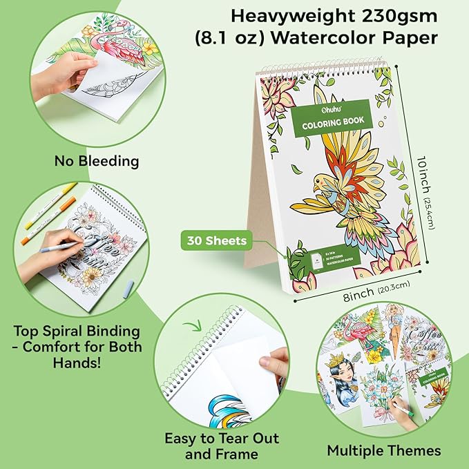 Ohuhu Adult Coloring Book 30 Patterns with 40 Colors Paper-Friendly Markers 230gsm Spiral Bound Coloring Book for Adults Relaxation Water-Based Markers for Adult Coloring Books No Bleeding - Pupe B